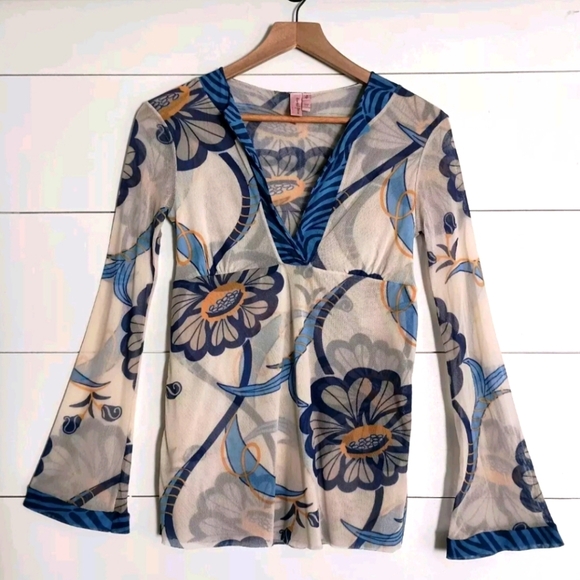 Sweet Pea Tops - VTG Sweet Pea Y2K 90s Mesh Top All Over Print Womens Small Fairy Floral
